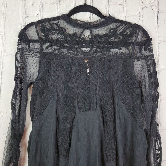 Free People rare Write About Love solid black lace mesh embroidered mini dress - Picture 7 of 12